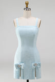 Light Blue Square Neck Bodycon Rhinestone Bows Beaded Short Homecoming Dress with Slit