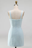 Light Blue Square Neck Bodycon Rhinestone Bows Beaded Short Homecoming Dress with Slit