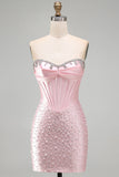 Sparkly Pink Beaded Corset Tight Sweetheart Short Pearl Homecoming Dress with Rhinestone