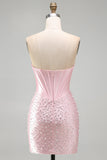 Sparkly Pink Beaded Corset Tight Sweetheart Short Pearl Homecoming Dress with Rhinestone
