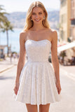 White Strapless A Line Beaded Mini Pearl Homecoming Dress with Ruffles