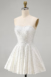 White Strapless A Line Beaded Mini Pearl Homecoming Dress with Ruffles