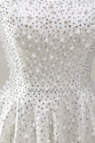 White Strapless A Line Beaded Mini Pearl Homecoming Dress with Ruffles