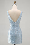 Blue Bodycon V Neck Corset Cut Out Beaded Short Pearl Homecoming Dress