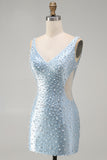 Blue Bodycon V Neck Corset Cut Out Beaded Short Pearl Homecoming Dress