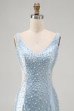 Blue Bodycon V Neck Corset Cut Out Beaded Short Pearl Homecoming Dress