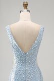 Blue Bodycon V Neck Corset Cut Out Beaded Short Pearl Homecoming Dress