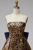Brown Leopard Print A-Line Strapless Short Homecoming Dress with Oversized Back Bow