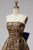 Brown Leopard Print A-Line Strapless Short Homecoming Dress with Oversized Back Bow