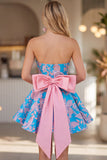 Blue Jacquard A-Line Strapless Short Homecoming Dress with Bow