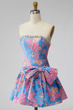 Jacquard Blue Strapless Ruffled A-Line Rhinestone Short Homecoming Dress with Bow