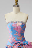 Jacquard Blue Strapless Ruffled A-Line Rhinestone Short Homecoming Dress with Bow