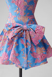 Jacquard Blue Strapless Ruffled A-Line Rhinestone Short Homecoming Dress with Bow