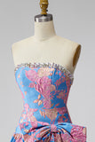 Jacquard Blue Strapless Ruffled A-Line Rhinestone Short Homecoming Dress with Bow