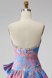Jacquard Blue Strapless Ruffled A-Line Rhinestone Short Homecoming Dress with Bow