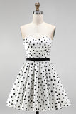White Polka Dot A-Line Strapless Short Homecoming Dress with Bow Sash