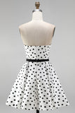 White Polka Dot A-Line Strapless Short Homecoming Dress with Bow Sash
