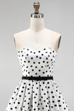 White Polka Dot A-Line Strapless Short Homecoming Dress with Bow Sash