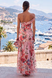 One Shoulder Pink Red Flower Chiffon A-Line Ruched Maxi Dress