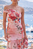 One Shoulder Pink Red Flower Chiffon A-Line Ruched Maxi Dress