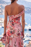 One Shoulder Pink Red Flower Chiffon A-Line Ruched Maxi Dress