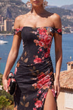 Black Red Flower Off the Shoulder Mermaid Ruched Maxi Dress with Slit