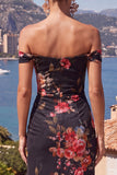 Black Red Flower Off the Shoulder Mermaid Ruched Maxi Dress with Slit