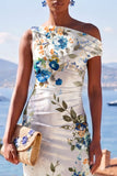 White Blue Flower One Shoulder Bodycon Ruched Midi Dress