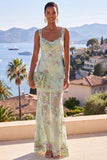 Green Thick Straps Mermaid Sequins Maxi Floral Dress