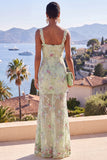Green Thick Straps Mermaid Sequins Maxi Floral Dress