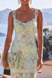 Green Thick Straps Mermaid Sequins Maxi Floral Dress