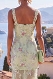 Green Thick Straps Mermaid Sequins Maxi Floral Dress