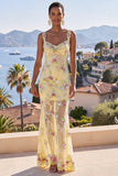 Green Thick Straps Mermaid Sequins Maxi Floral Dress