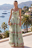 A-Line Yellow Thick Straps Tiered Sequins Maxi Floral Dress