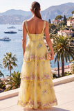 A-Line Yellow Thick Straps Tiered Sequins Maxi Floral Dress