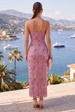 Dusty Rose Spaghetti Straps Beaded Ruched Midi Dress with Slit