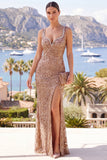 Mermaid Champagne Thick Straps Beaded Maxi Dress with Slit