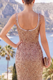 Mermaid Champagne Thick Straps Beaded Maxi Dress with Slit
