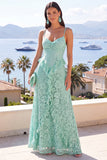 A-Line Mint Spaghetti Straps Ruffled Lace Maxi Floral Dress