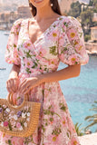 A-Line Blue V-Neck Midi Floral Dress with Puff Sleeves
