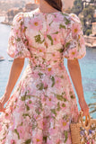 A-Line Blue V-Neck Midi Floral Dress with Puff Sleeves