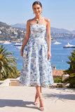 Pink A-Line Strapless Midi Floral Dress