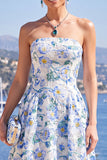 Pink A-Line Strapless Midi Floral Dress