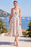 Pink A-Line Strapless Midi Floral Dress