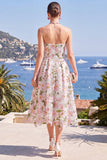 Pink A-Line Strapless Midi Floral Dress