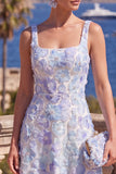 Green A-Line Square Neck Beaded Midi Floral Dress with Lace Up Back