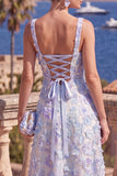 Green A-Line Square Neck Beaded Midi Floral Dress with Lace Up Back