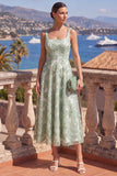 Green A-Line Square Neck Beaded Midi Floral Dress with Lace Up Back