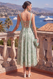 Green A-Line Square Neck Beaded Midi Floral Dress with Lace Up Back