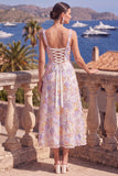 Green A-Line Square Neck Beaded Midi Floral Dress with Lace Up Back